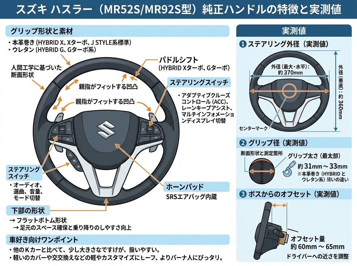 スズキ ハスラーの純正ハンドルの特徴と実測値