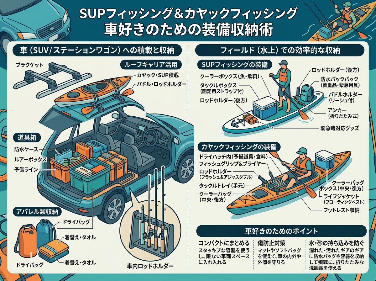 SUPフィッシングやカヤックフィッシングの装備収納術