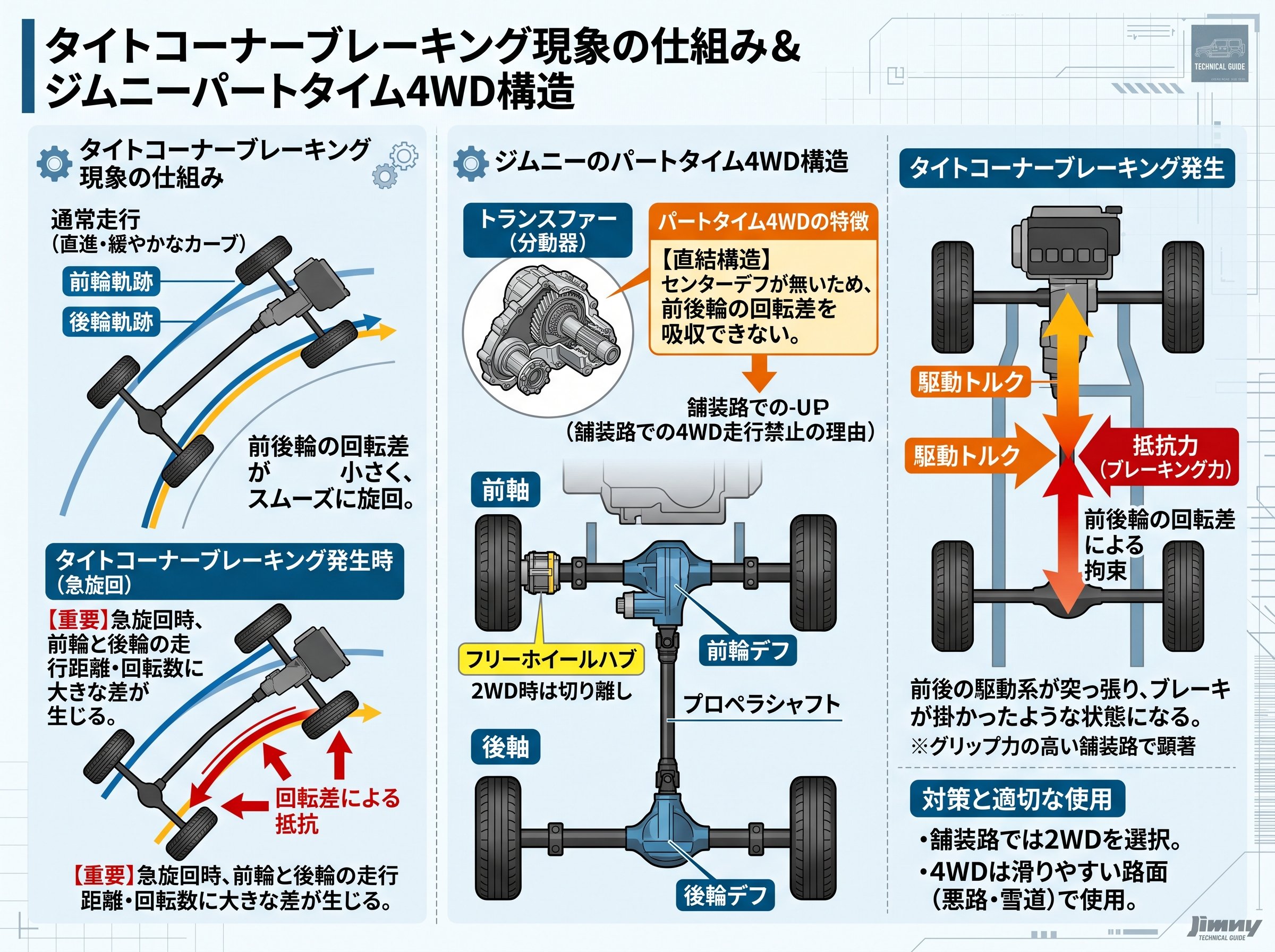 タイトコーナーブレーキング現象の仕組みとジムニーのパートタイム4WD構造