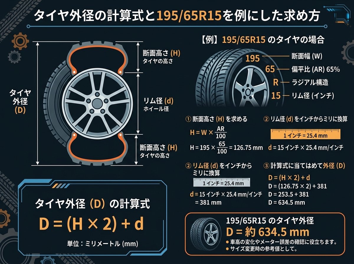 タイヤ外径の計算式と195/65R15を例にした求め方
