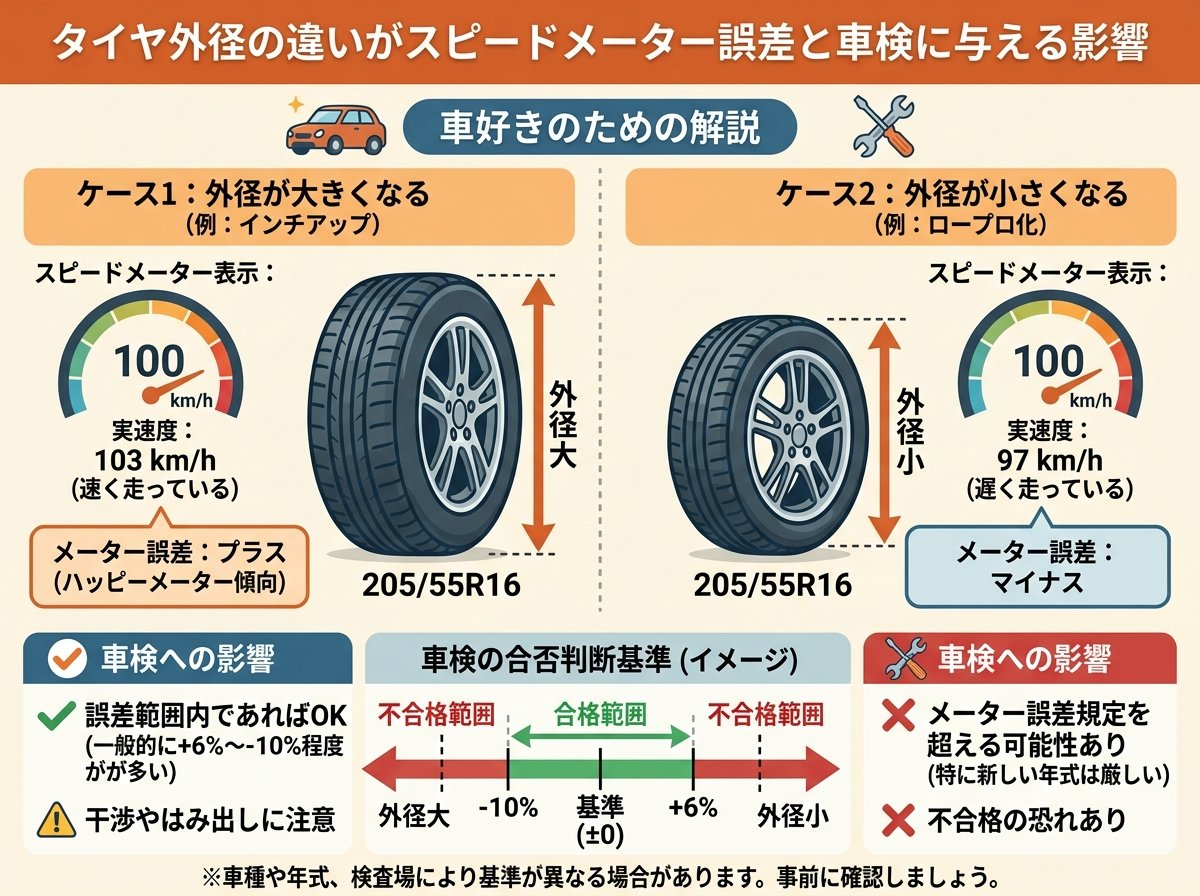 タイヤ外径の違いがスピードメーター誤差と車検に与える影響