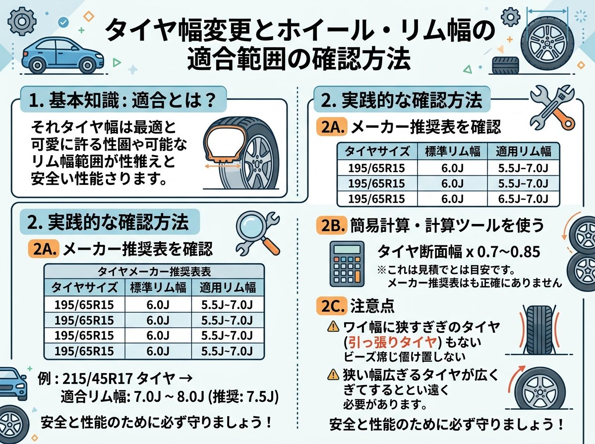 タイヤ幅変更のときホイールのリム幅との適合範囲を確認する方法