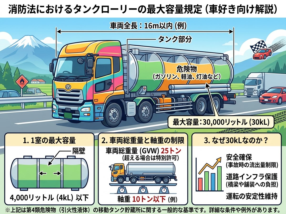 タンクローリーの容量は消防法で最大30klと規定されている