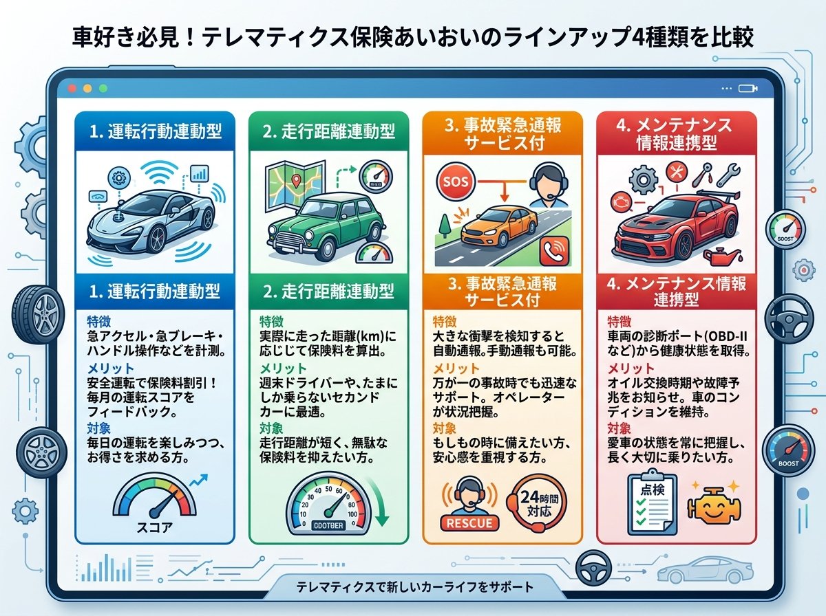 テレマティクス保険あいおいのラインアップ4種類を比較