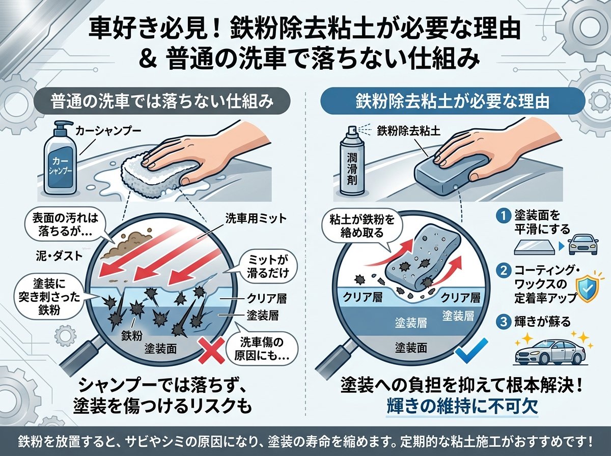 鉄粉除去粘土が必要な理由と、普通の洗車では落ちない仕組み