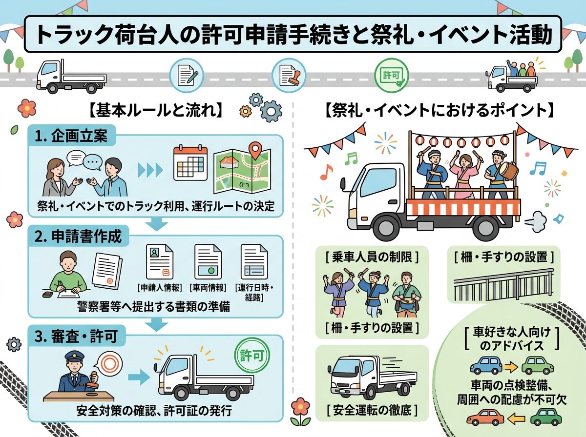 トラック荷台人の許可申請手続きと祭礼・イベント活動
