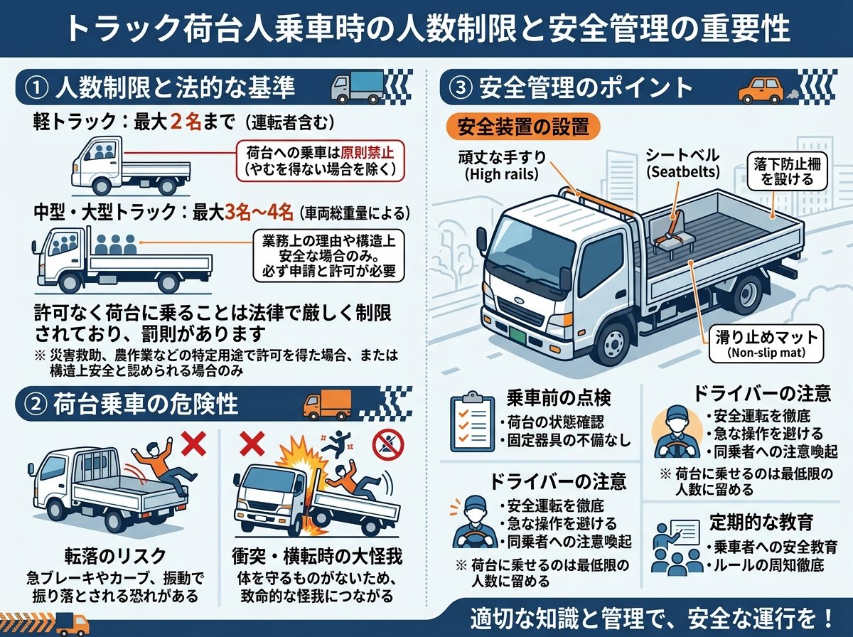 トラック荷台人乗車時の人数制限と安全管理の重要性