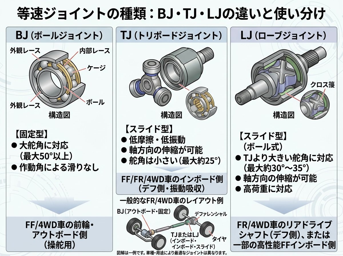 等速ジョイントの種類:BJ・TJ・LJの違いと使い分け
