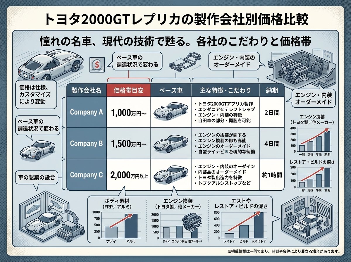 トヨタ2000gtレプリカの製作会社別価格比較