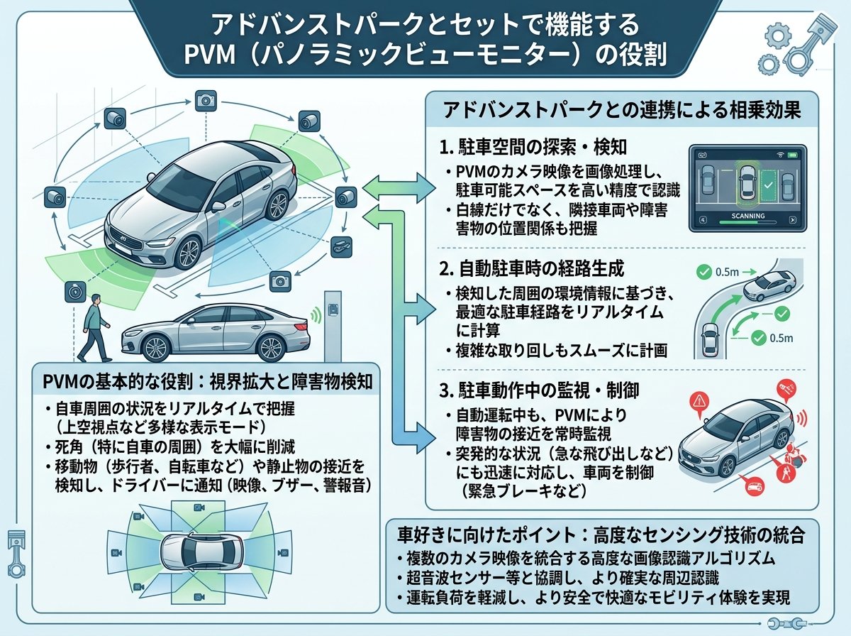 アドバンストパークとセットで機能するPVM（パノラミックビューモニター）の役割