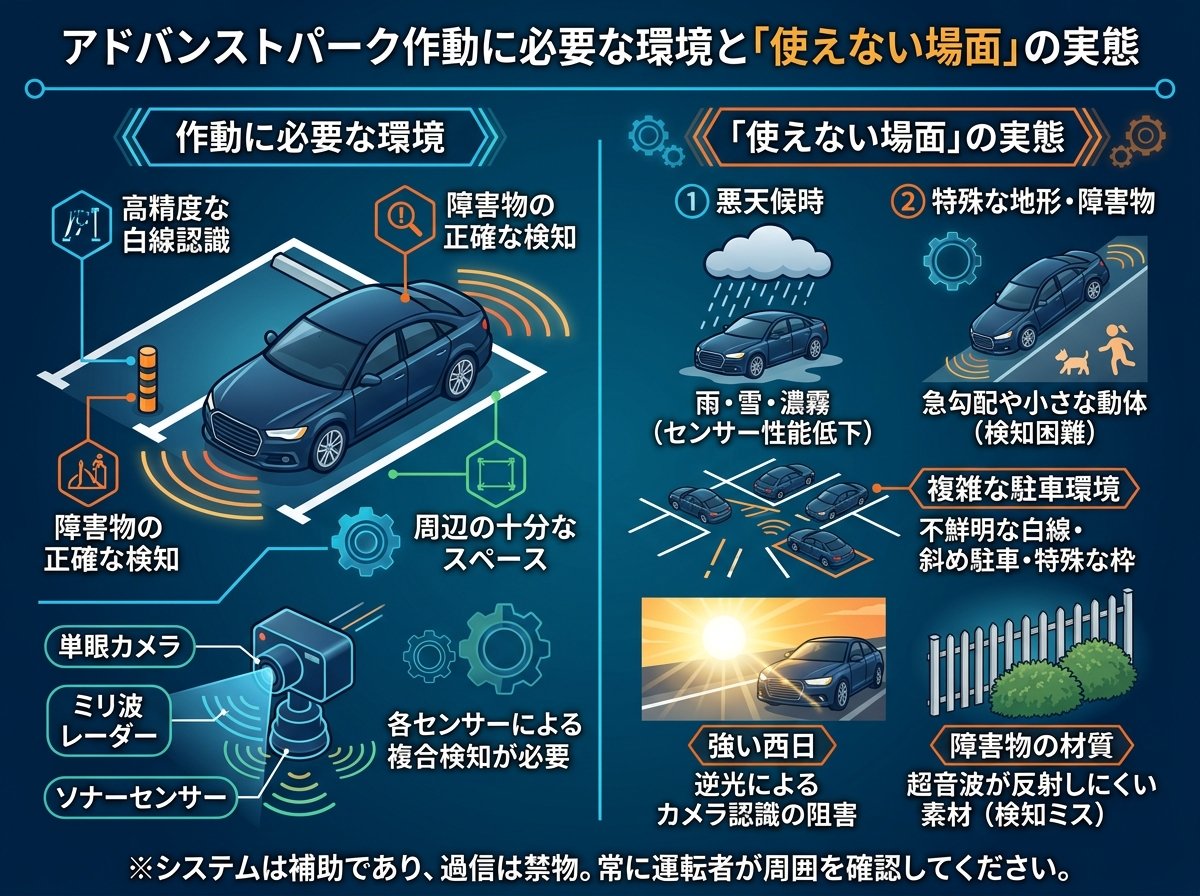 アドバンストパーク作動に必要な環境と「使えない場面」の実態