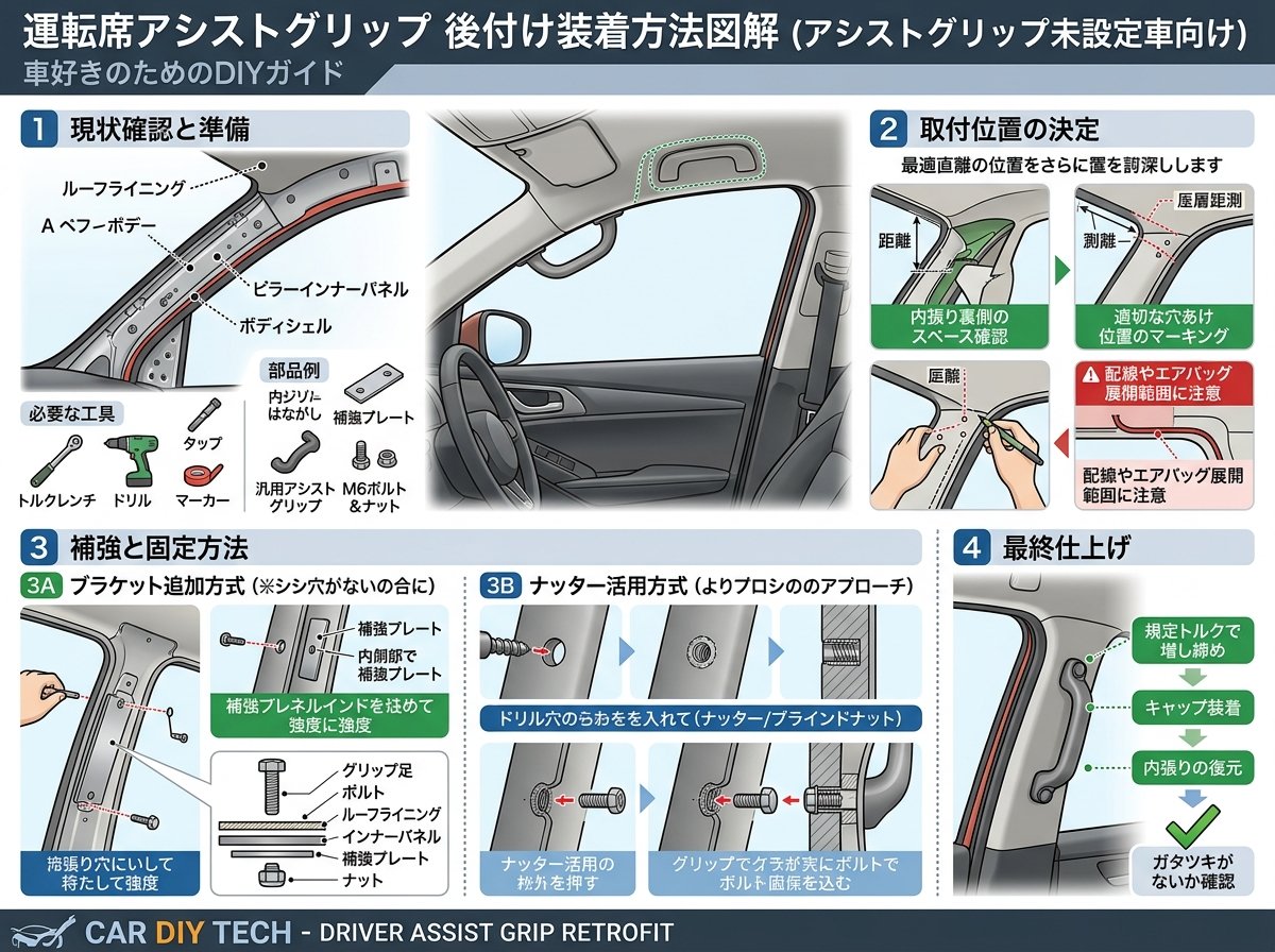 運転席アシストグリップない車への後付け装着方法