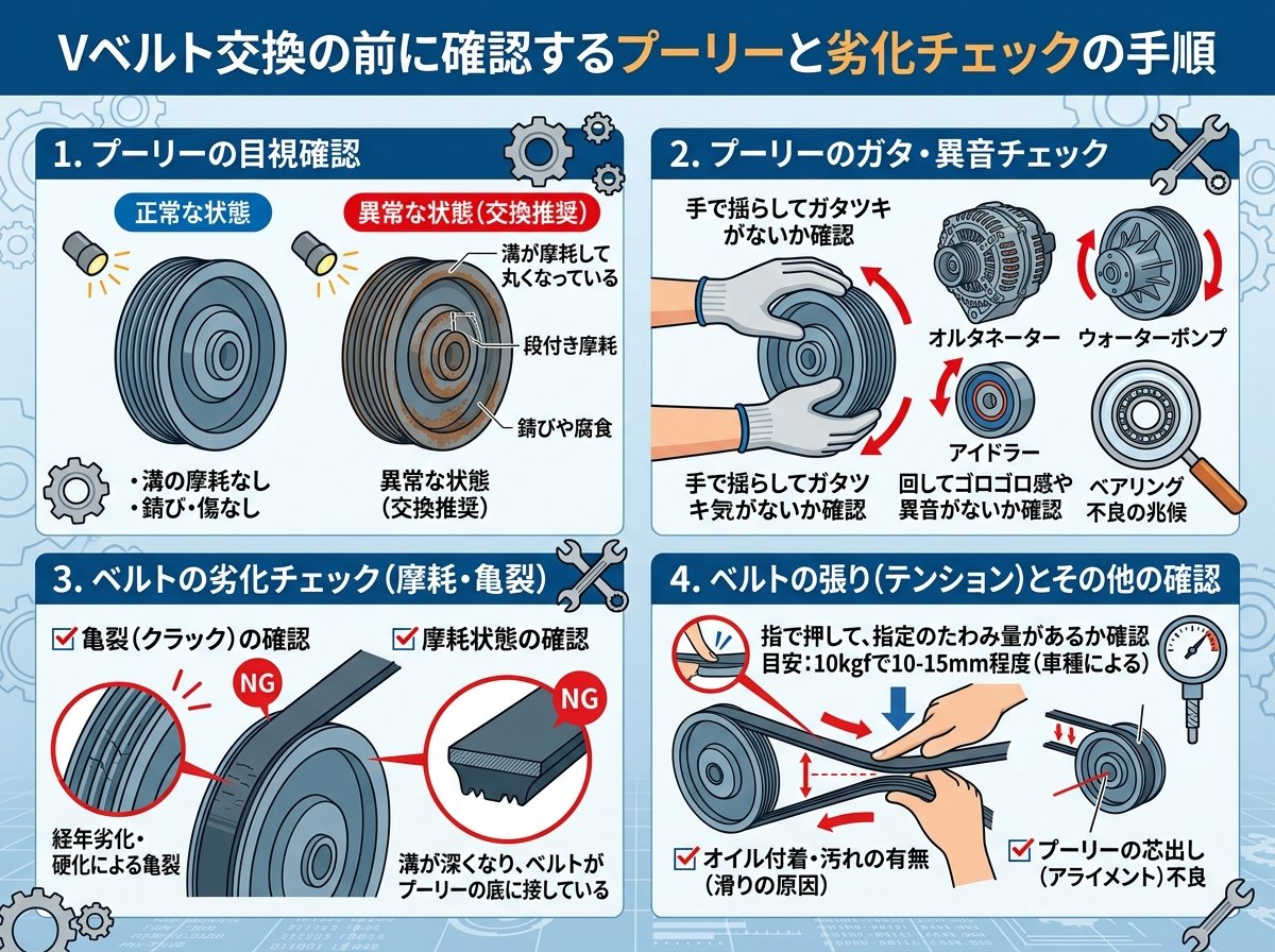 vベルト交換の前に確認するプーリーと劣化チェックの手順