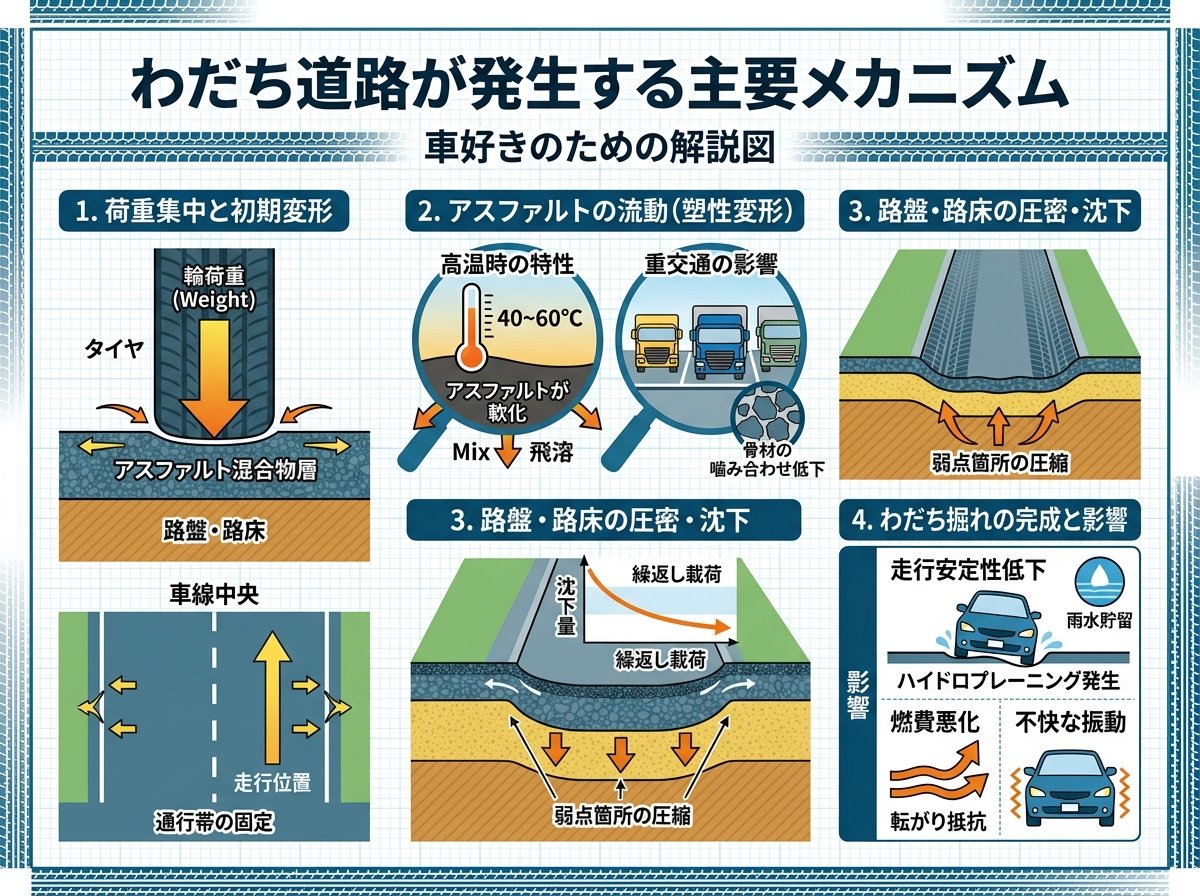 わだち道路が発生する主要メカニズム