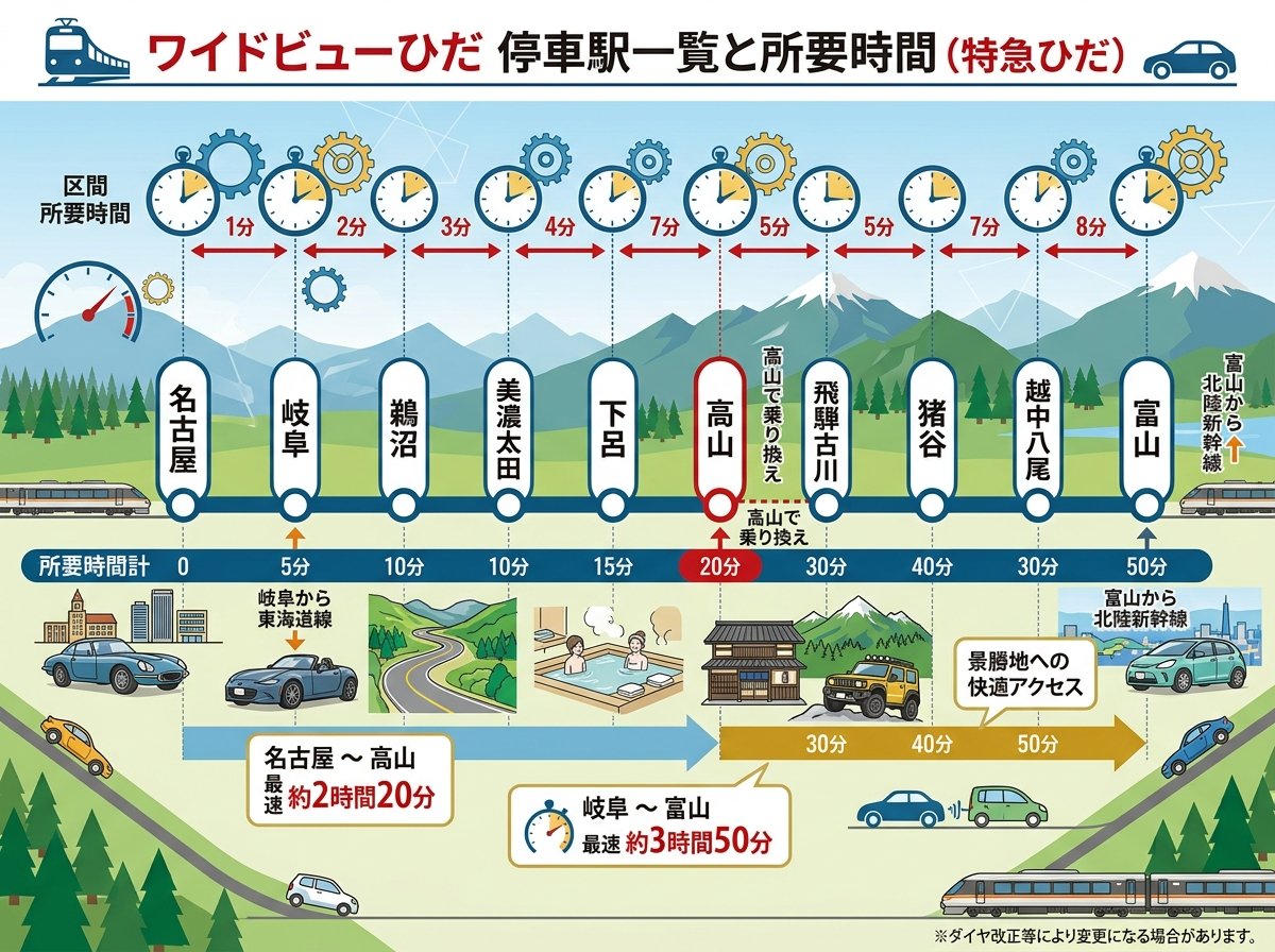 ワイドビューひだの停車駅一覧と所要時間