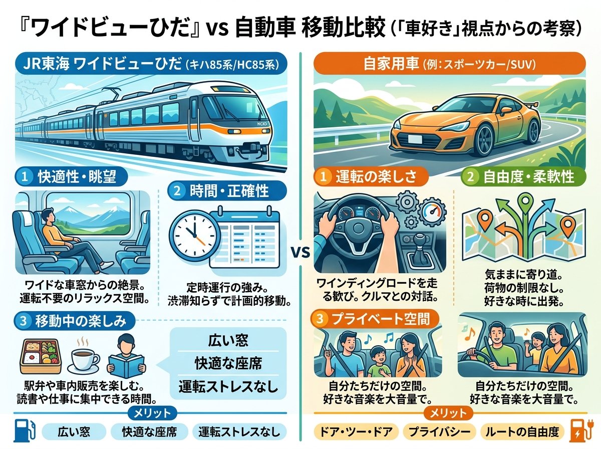 ワイドビューひだと自動車での移動を比較