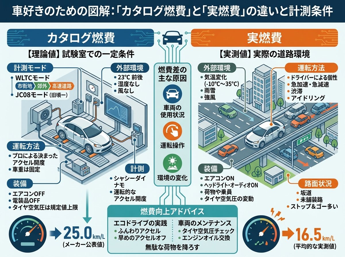 実燃費とカタログ燃費の違いと計測条件