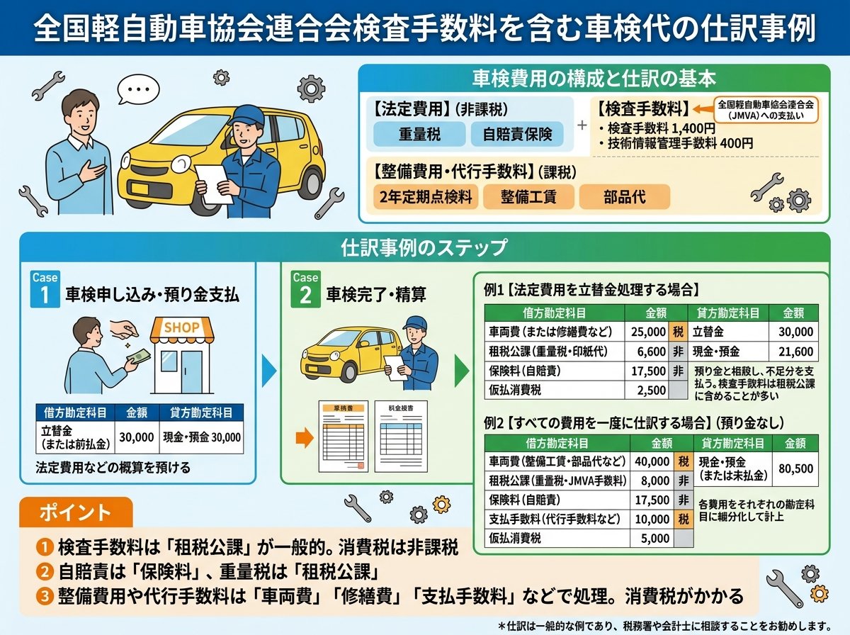 全国軽自動車協会連合会検査手数料を含む車検代の仕訳事例